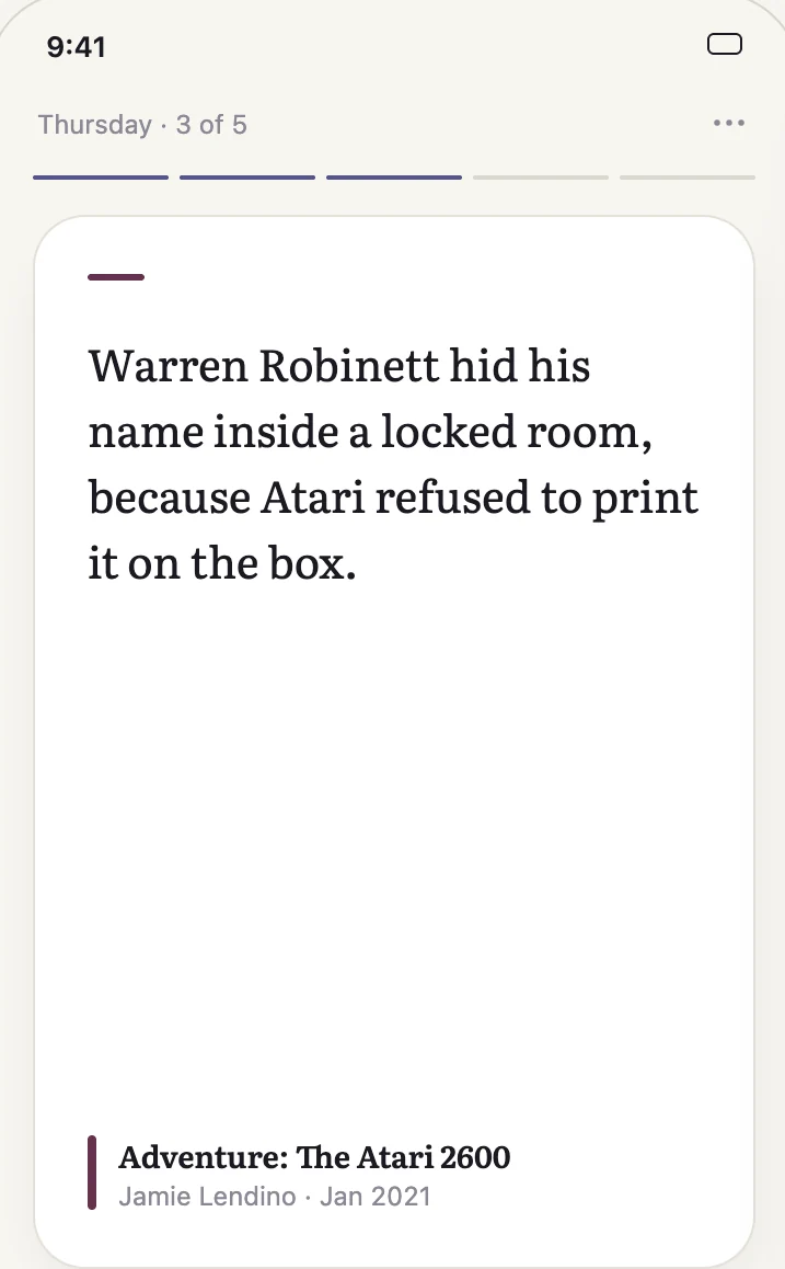 The daily deck in Refrain: a passage from Adventure: The Atari 2600, set in Literata, third of five for Thursday
