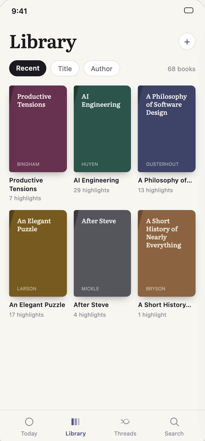 The Refrain Library: a shelf of generated book covers with highlight counts, sorted by recent
